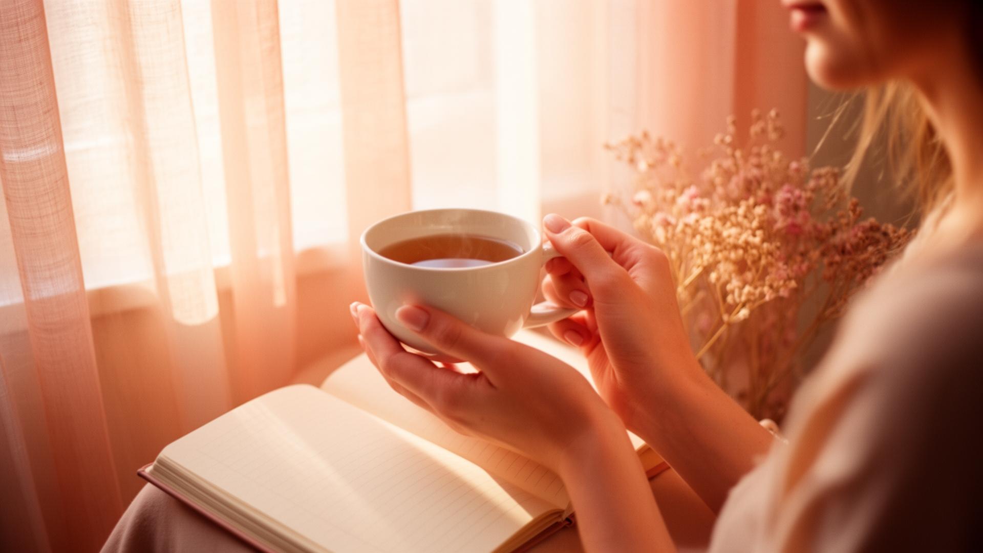 Donna che tiene una tazza di tè davanti a una finestra al sole, momento intimo di crescita personale