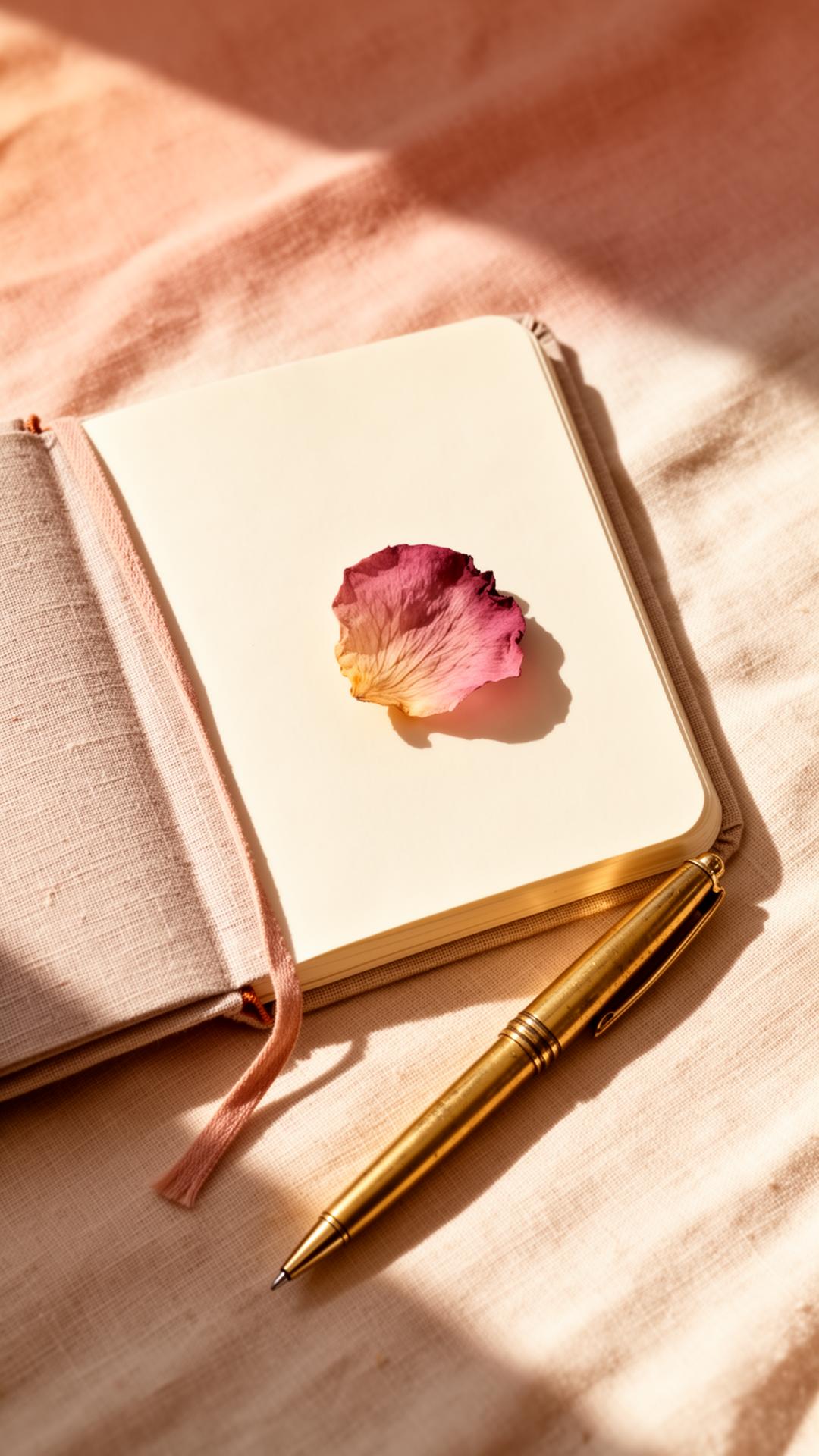 Diario aperto con petalo di rosa secca e penna dorata, simbolo del percorso quotidiano di crescita